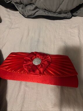 Red Satin Evening Clutch with Decorative Brooch